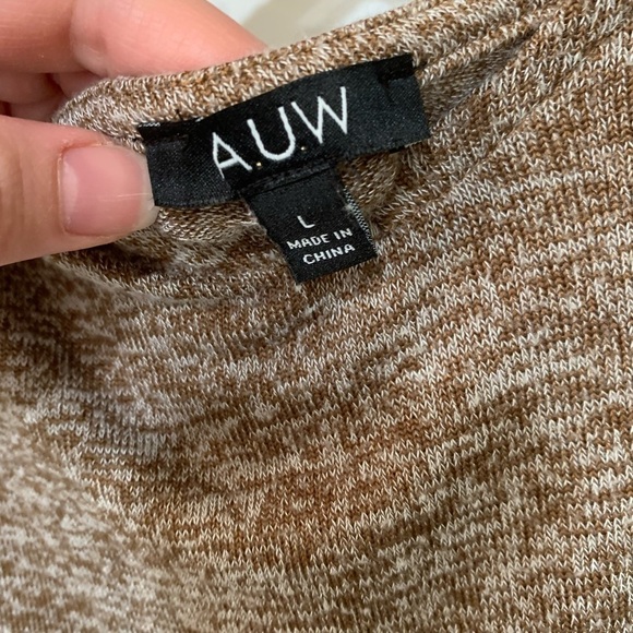 A.U.W v-neck marbled brown tan sweater large x design criss cross ruched cinched - Picture 5 of 9